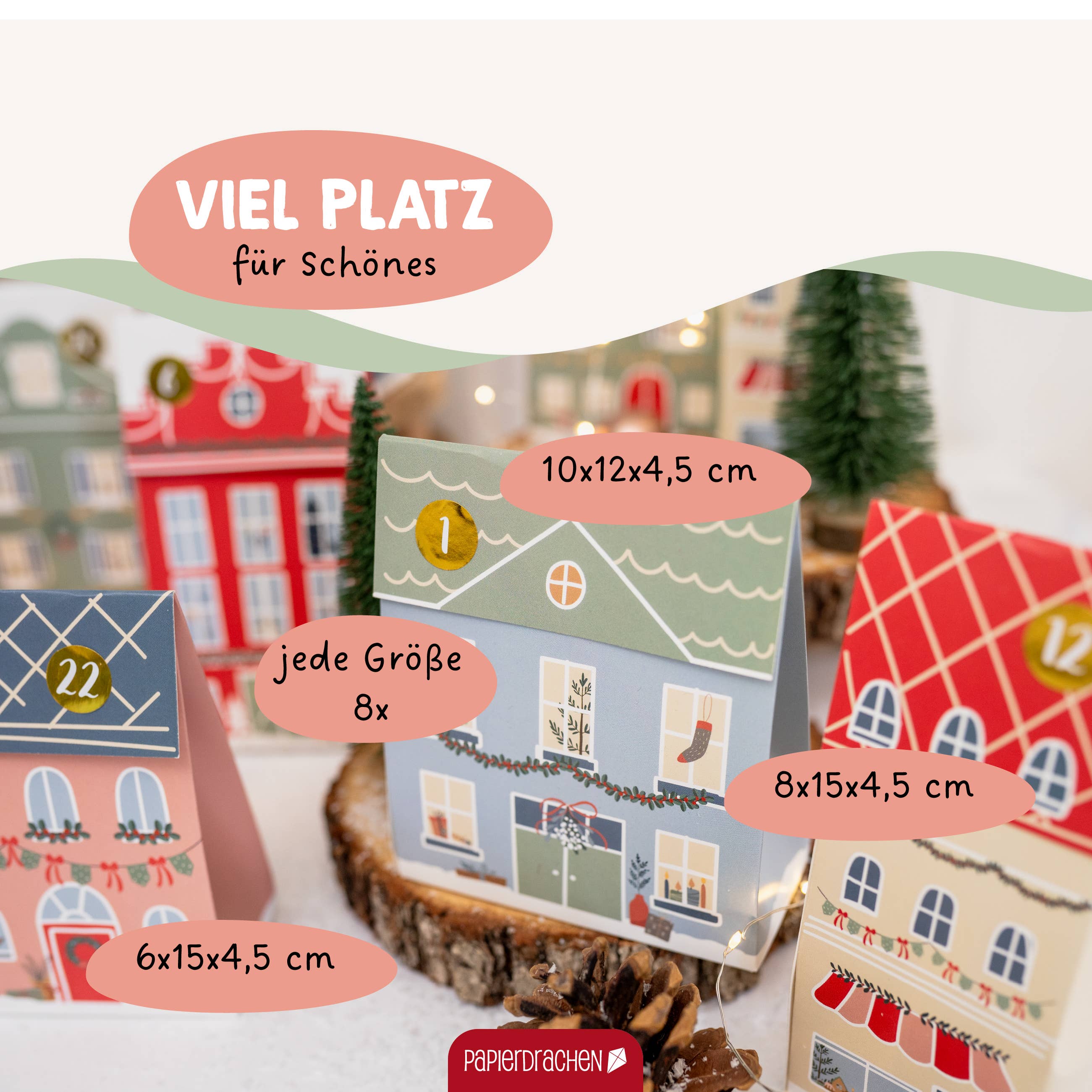 Papierdrachen – wholesale Adventskalender – Adventshus i pastell - set med lådor och påsar, julstad 012