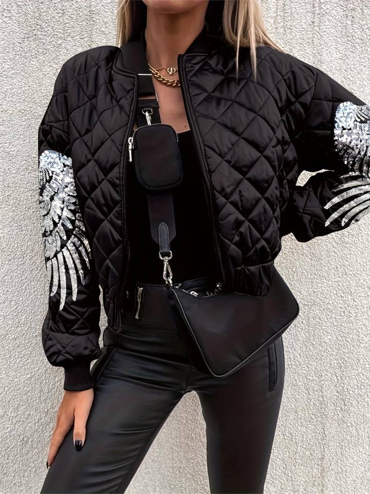 black Sequined padded quilted jacket for wholesale on Faire