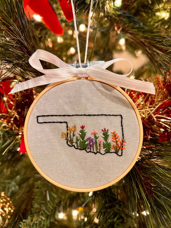 Hand Embroidery State Outline Ornament for wholesale by MVA Embroidery