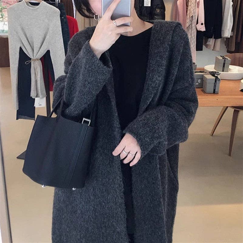 FurDecoration - Venta al por mayor Cárdigan - Mujer - Cárdigan de punto de color liso con capucha por encima de la rodilla3