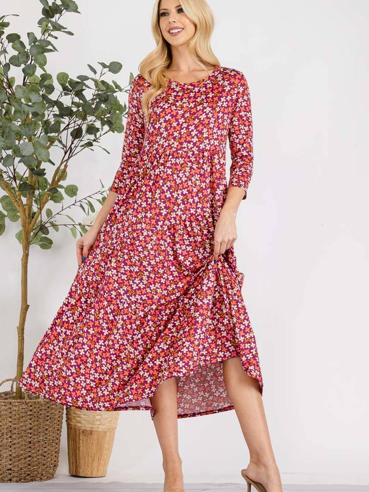 MAGENTA FLORAL TIERED MIDI-DRESS MISSY & PLUS SIZE -CD43848E for wholesale on Faire