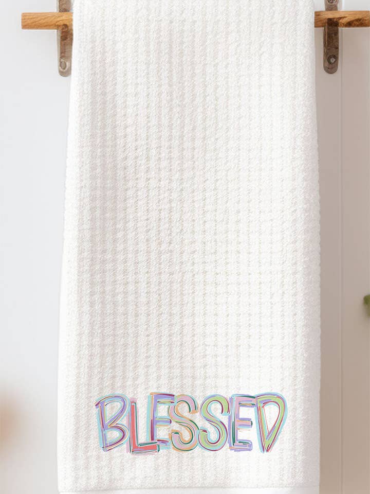 Brushstroke Blessed Waffle Kitchen Towel for wholesale by Wholesale Accessory Market