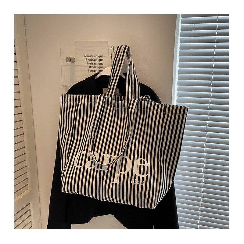 UZ Wholesale Store - Wholesale Tote Bag - Women's - Striped Letter Canvas Tote Bag with Large Capacity4