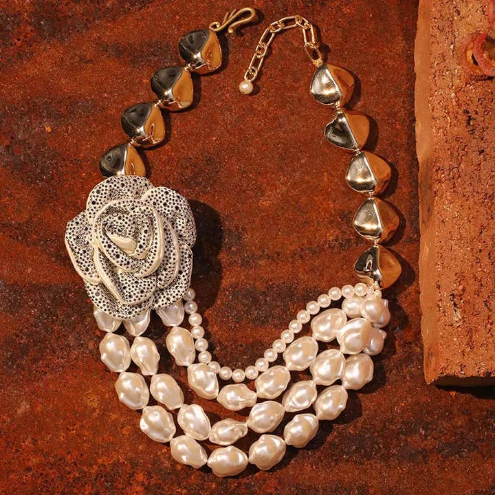 DUA MENKA - Vendita all'ingrosso Collana con ciondolo/pendaglio - Collana con Pendente in Perla Vintage e Rosa – Gioielli di Forte Impatto Visivo2