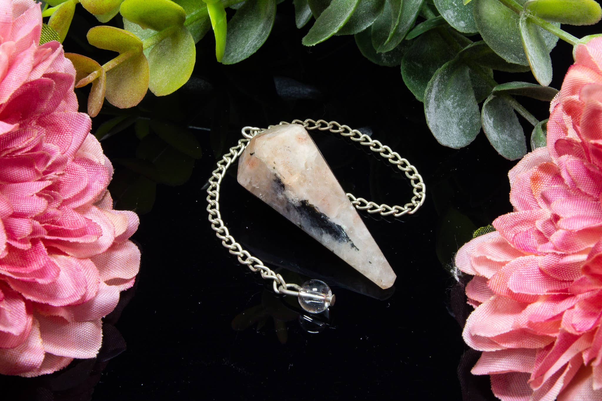 Quasar Gems USA - Wholesale Spiritual Stone/Crystal - Rainbow Moonstone Gemstone Pendulum Silver Color Chain