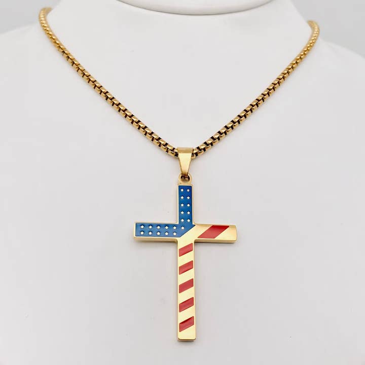 Mio Queena - Wholesale Pendant/Charm Necklace - Stars and Stripe Flag Stainless Steel Cross Necklace -MJ/MNP6
