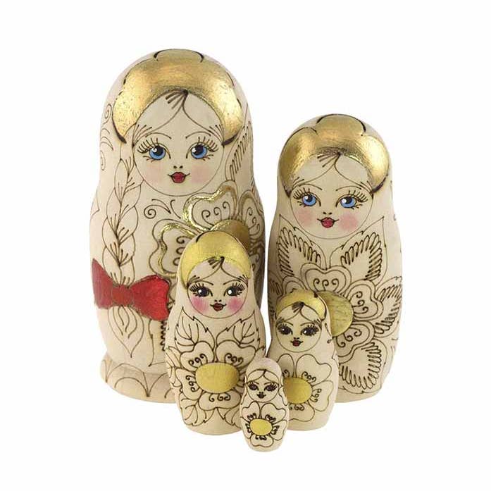 SMALL GOLD WITH RED BOW Floral Nesting Dolls Set, 5 Pcs/4.4" for wholesale by GSZ corporation DBA Gabriella's Gifts