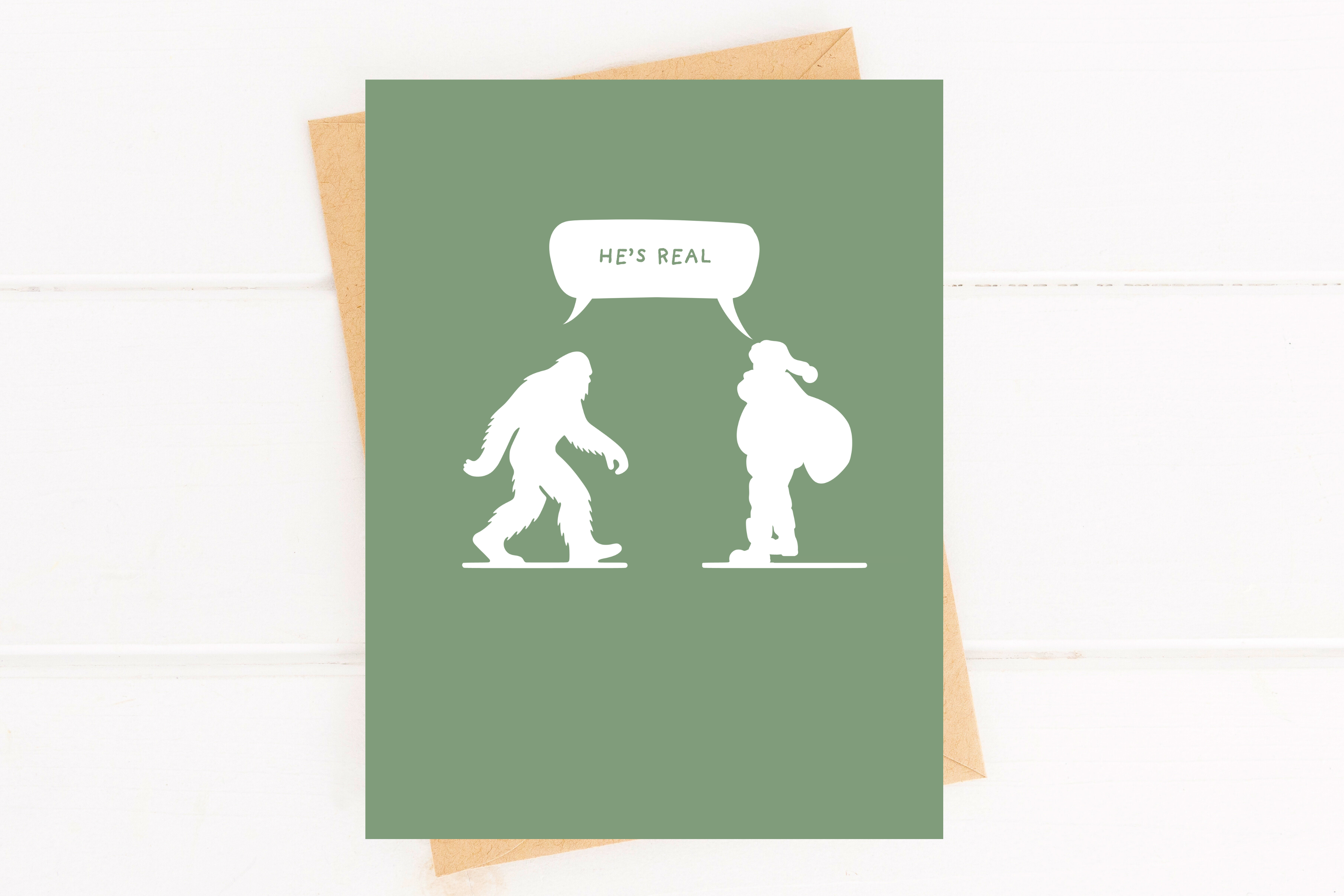 Five Dot Post - Wholesale Hanukkah Card - He’s Real – Funny Sasquatch and Santa Holiday Card2