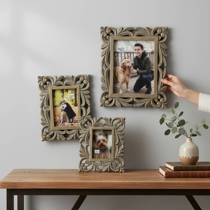 Cornice portafoto con cavalletto intagliato a mano, motivo Madrid, decorazione autunnale per la vendita all'ingrosso da parte di Wilco Home