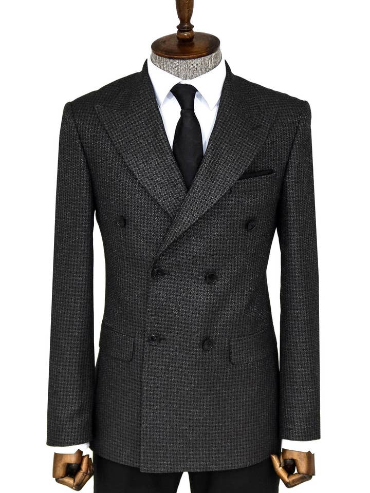 Grijze herenblazer met dubbele rij knopen en pied-de-poule patroon - Wessi voor wholesale door Wessi