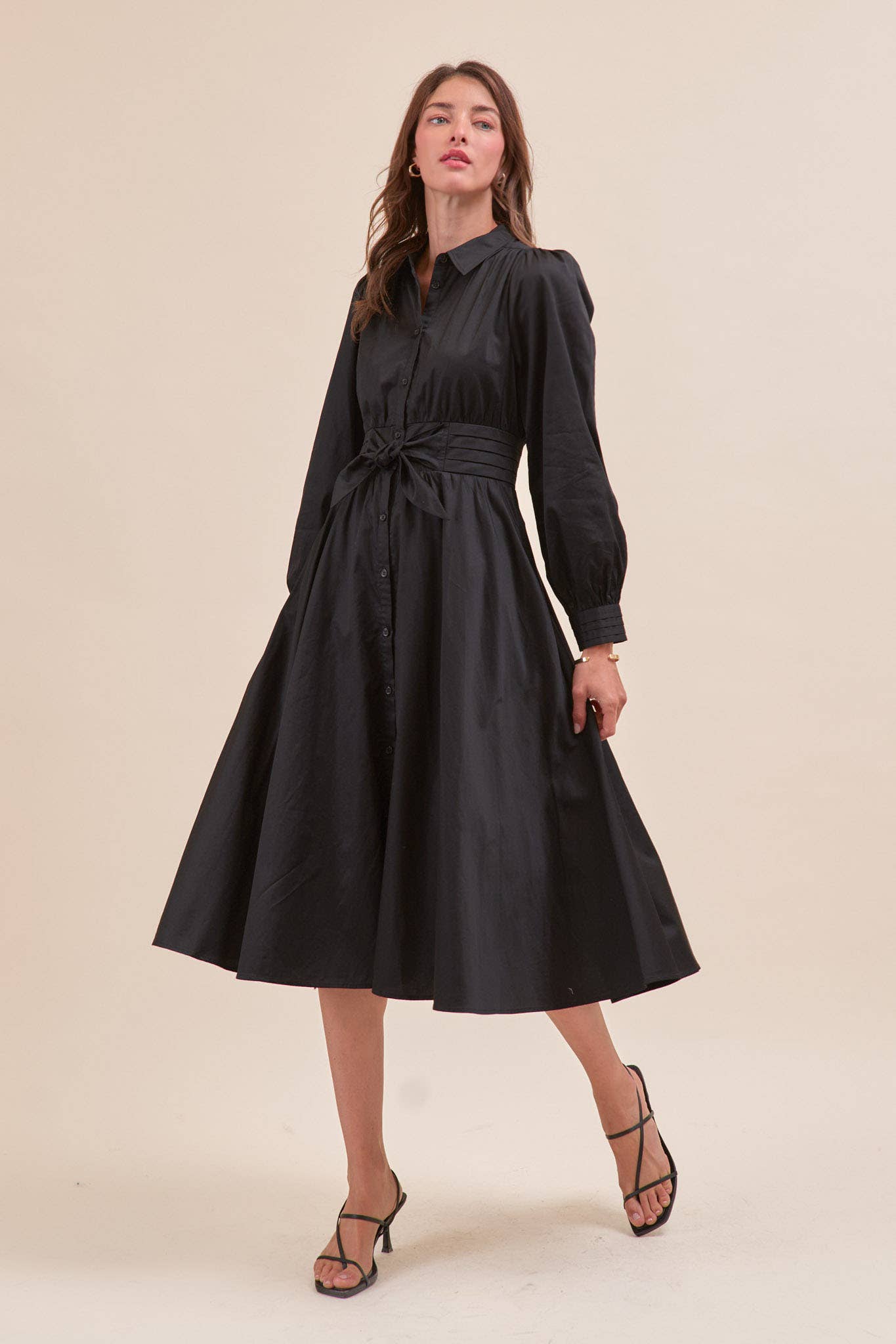 &MERCI - Wholesale Dress - Women's - PINTUCK WAIST TIE FRONT MIDI DRESS MDR421917