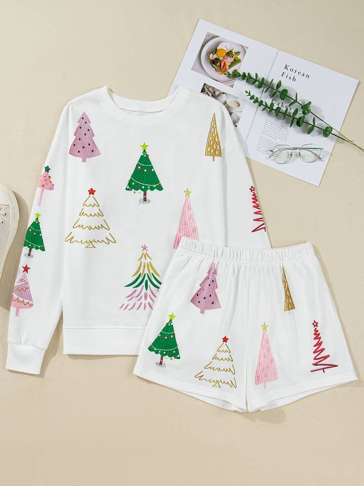 White Stripe Christmas Tree Top and Shorts Pajama Set for wholesale on Faire5