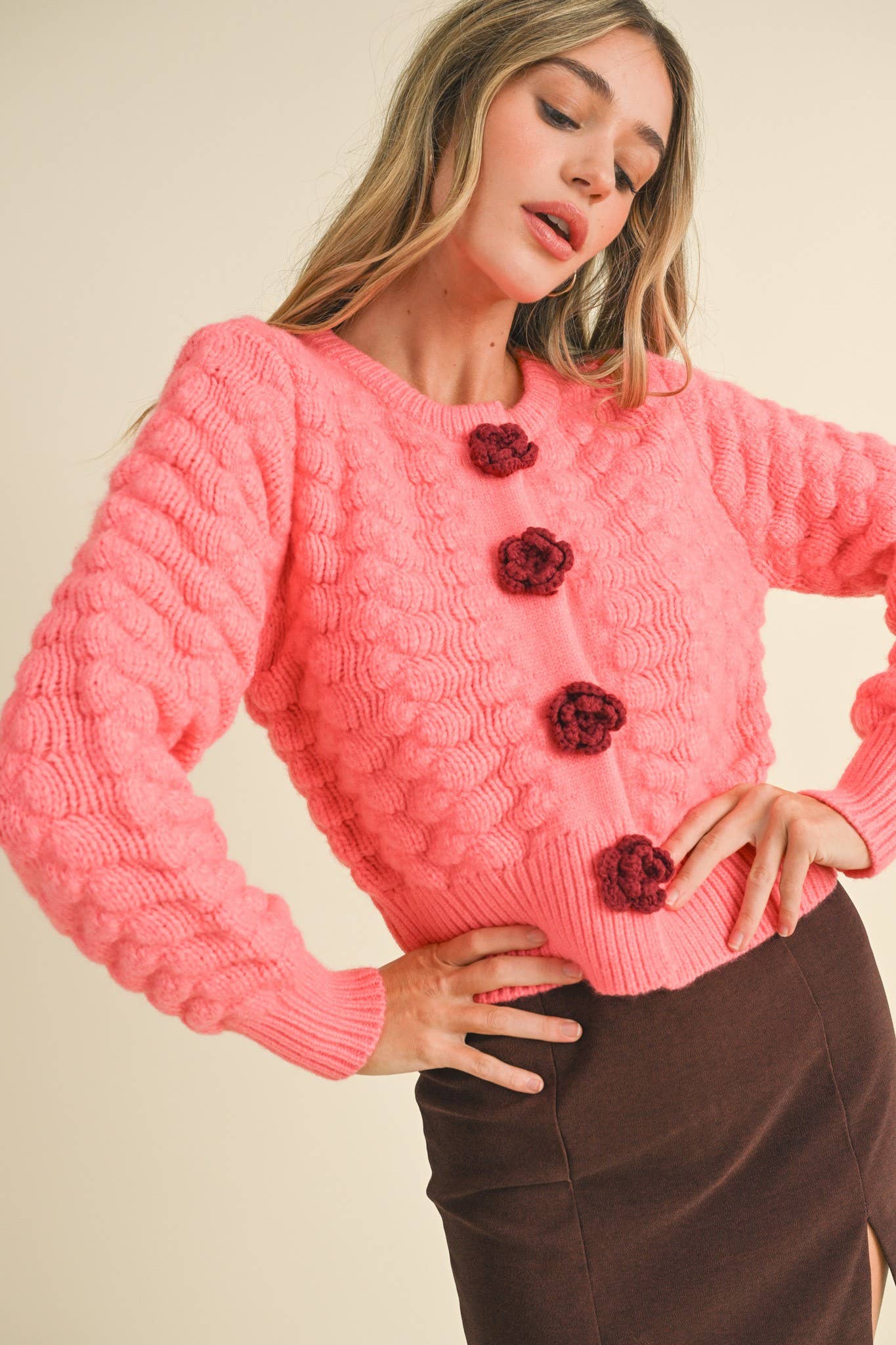 &MERCI - Wholesale Cardigan - Women's - TEXTURED SWEATER CARDIGAN WITH KNIT ROSETTE DETAIL MSW1073513