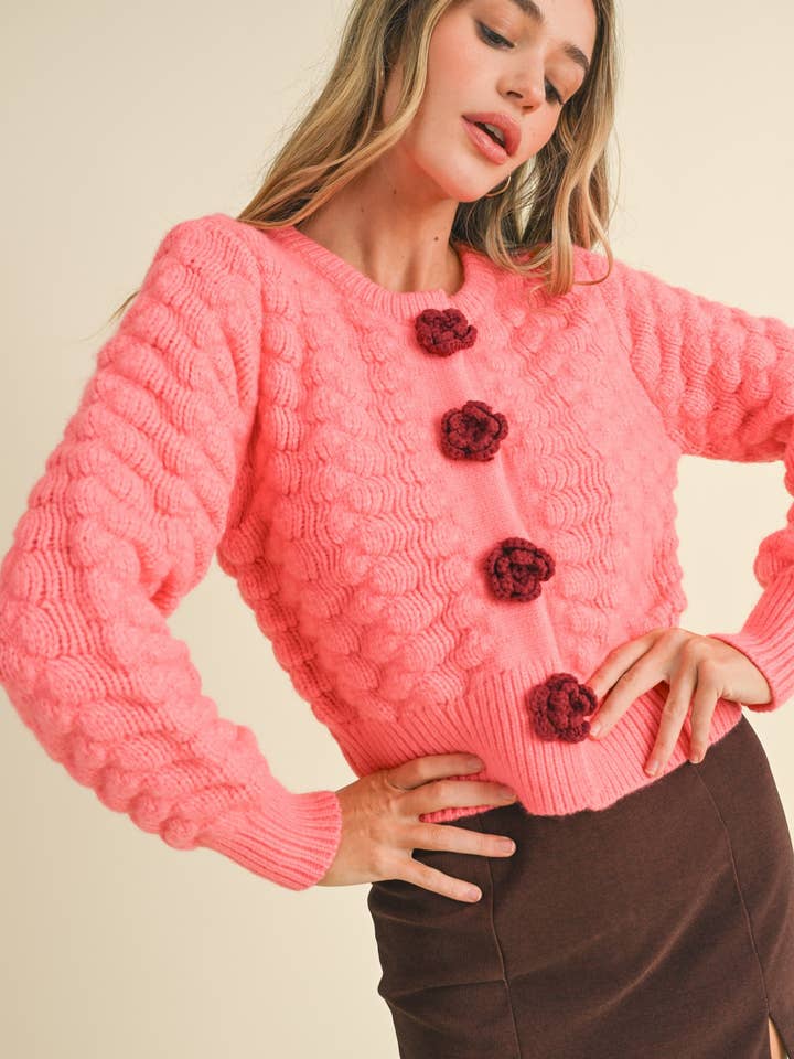 &MERCI - Wholesale Cardigan - Women's - TEXTURED SWEATER CARDIGAN WITH KNIT ROSETTE DETAIL MSW1073513