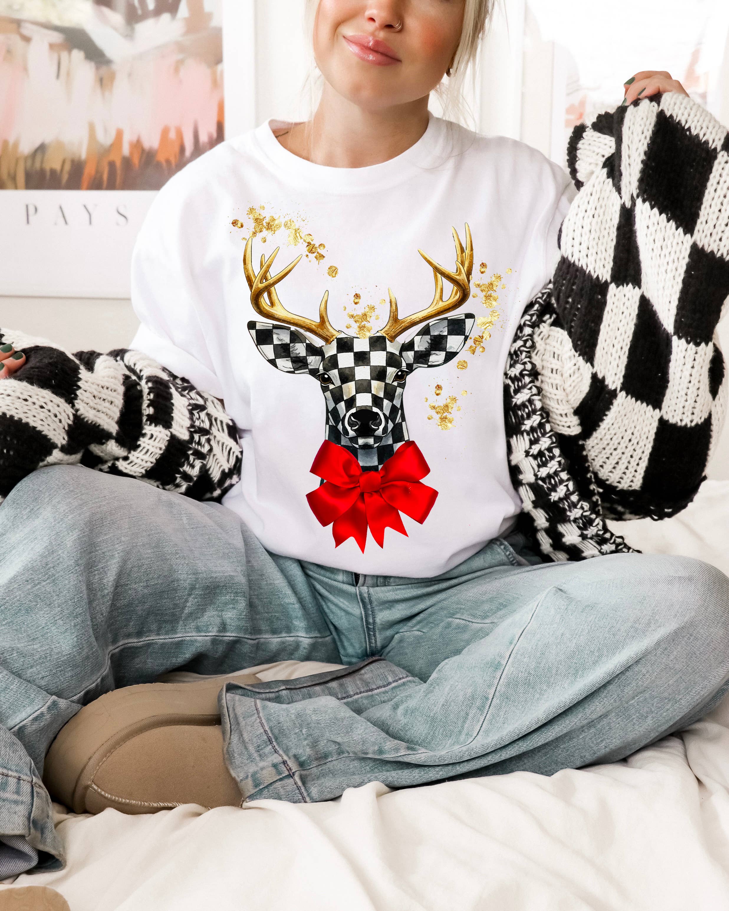 By Jodi LLC - Vendita all'ingrosso Felpa stampata - Donna - Felpa a maniche lunghe con cervo scaccomatto corta (Copia)