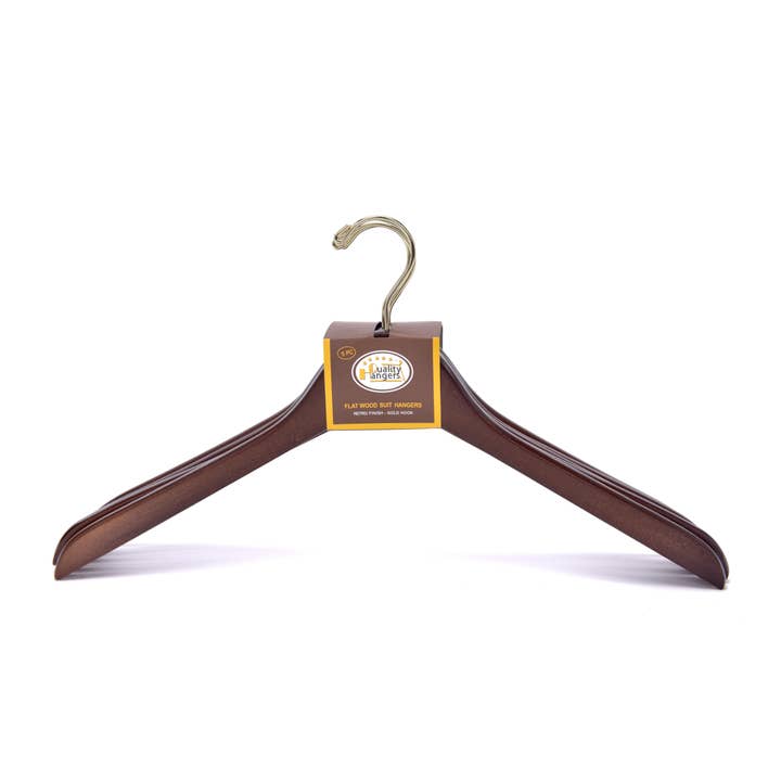W011 - Flat Wooden Hangers Walnut, with Gold hook - 80 for wholesale by Quality Hangers