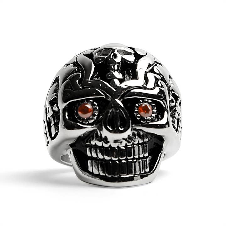WJW - Vendita all'ingrosso Anelli cocktail/statement - Anello in acciaio inossidabile con teschio di zucchero con zirconia cubica rossa