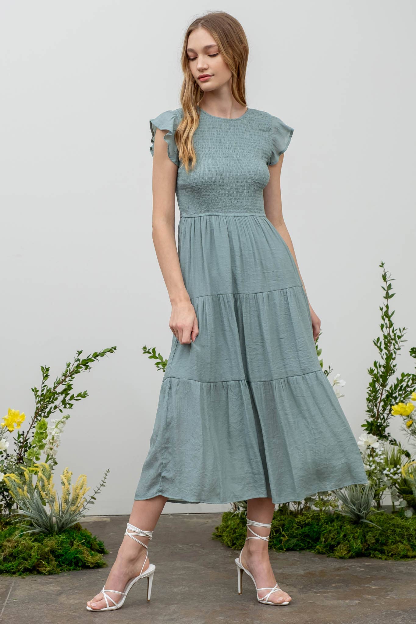 Blu Pepper - Venta al por mayor Vestido - Mujer - Vestido midi con volantes y cuerpo fruncido77