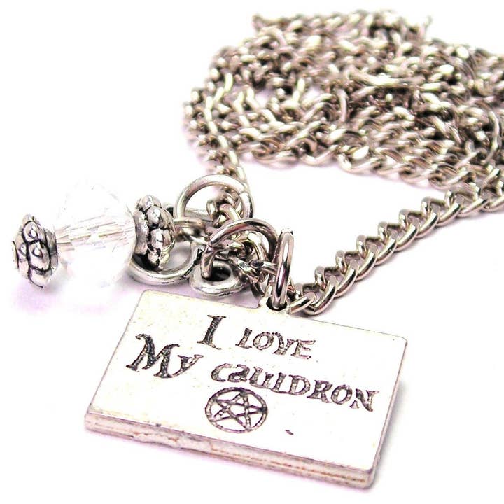 I Love My Cauldron With Pentacle Heart And Crystal Necklace for wholesale by Chubby Chico Charms