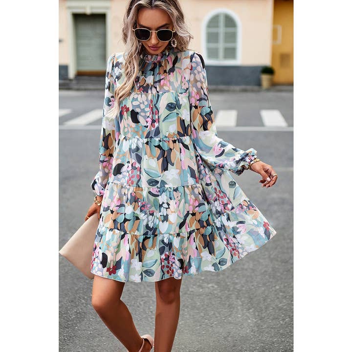 Ruffle Neck Abstract Print Long Sleeve Tiered Dress for wholesale by Supreme Fashion