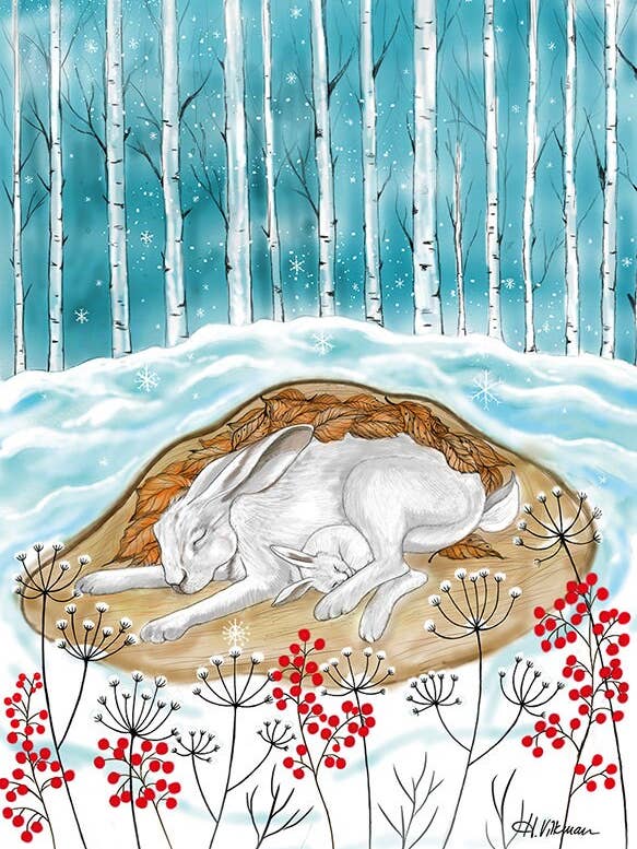 Sleeping Hares Christmas Card for wholesale by Heidi Vilkman