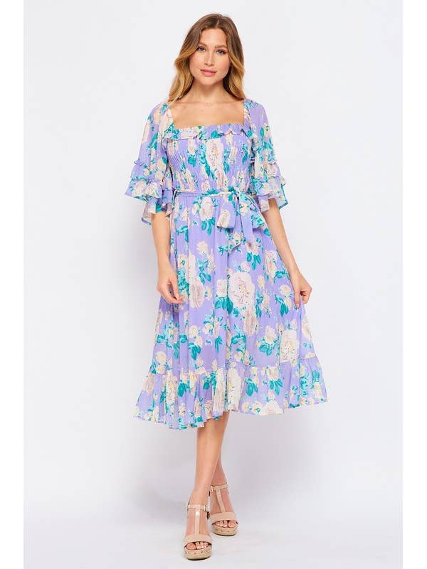 Kortärmad fyrkantig hals smockad midiklänning för wholesale av Pink Irene Wholesale