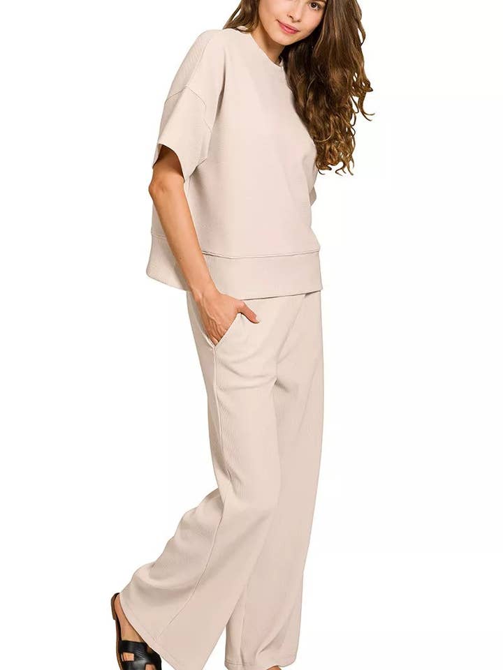 SAND BEIGE Zenana Ribbed Round Neck Tee & Pants Set for wholesale on Faire1