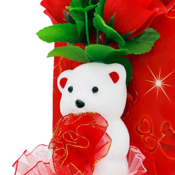 Cap Zone - Wholesale Decorative Tabletop Object - Red Frill Lace Teddy Bear Rose Bouquet Gift Box