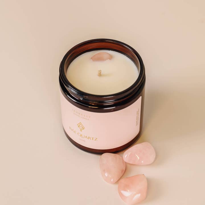 JaxKelly Candles - Wholesale Jar/Filled Candle - 4oz Amber Crystal Candles - Rose Quartz - Love2
