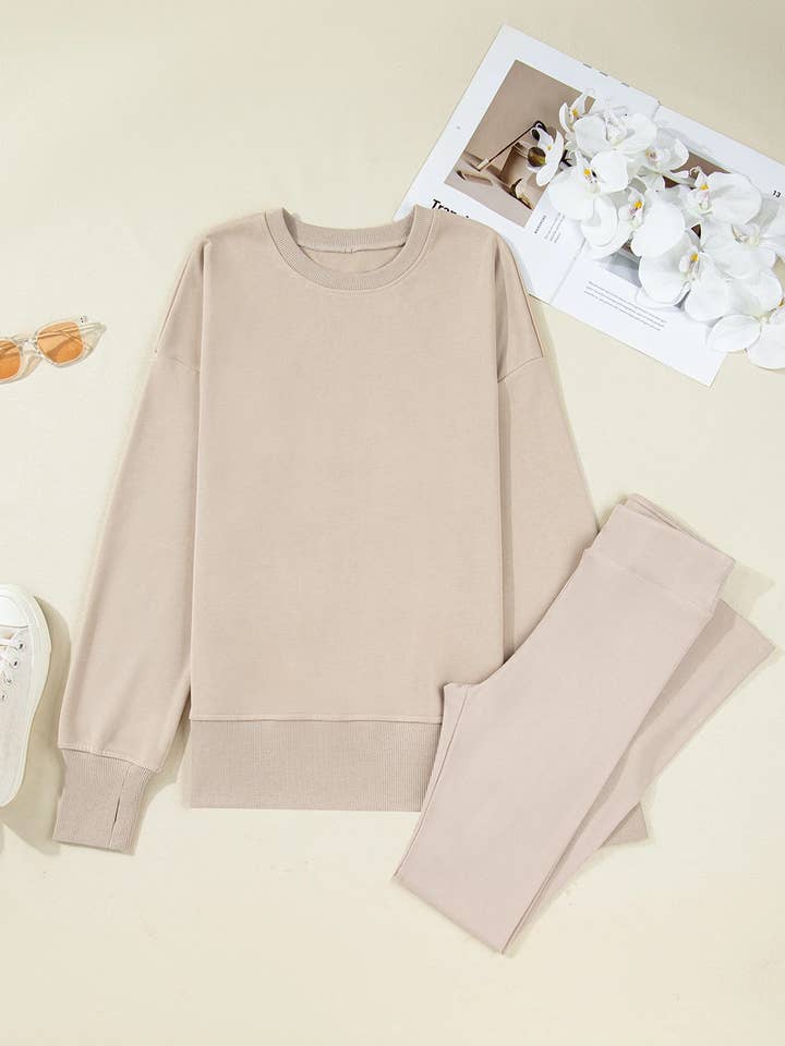 FULL TIME PURCHASE - Wholesale Lounge Set - Women's - Solid Color Oversize Slit Sweatshirt Ribbed Leggings 2pcsSet8