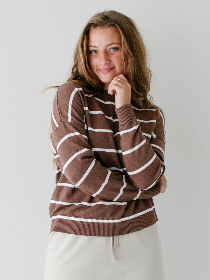 Mocha 'Camden' Classic Stripe Cotton Sweater for wholesale on Faire