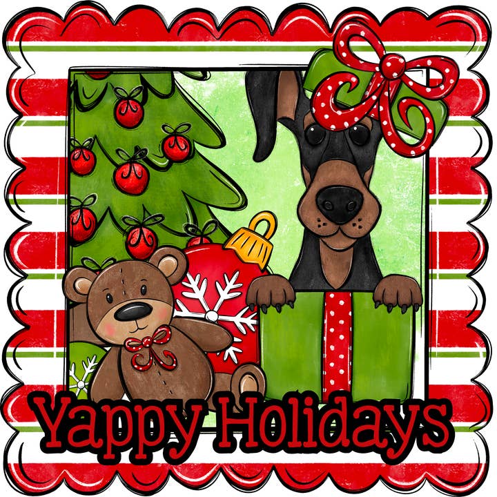 Dobermann Wreath Sign, Yappy Holidays Dog Sign, 12in Wreath Sign, DCO-W-00176 for wholesale by DecoExchange