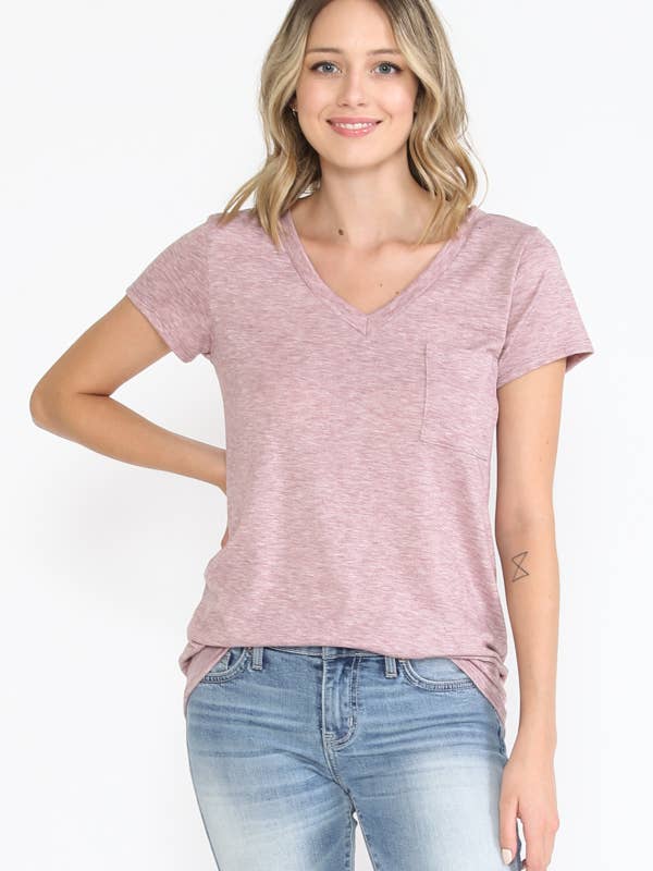 BASIC V-NECK SHORT SLEEVE TOP WITH POCKET for wholesale by Burgundy Apparel