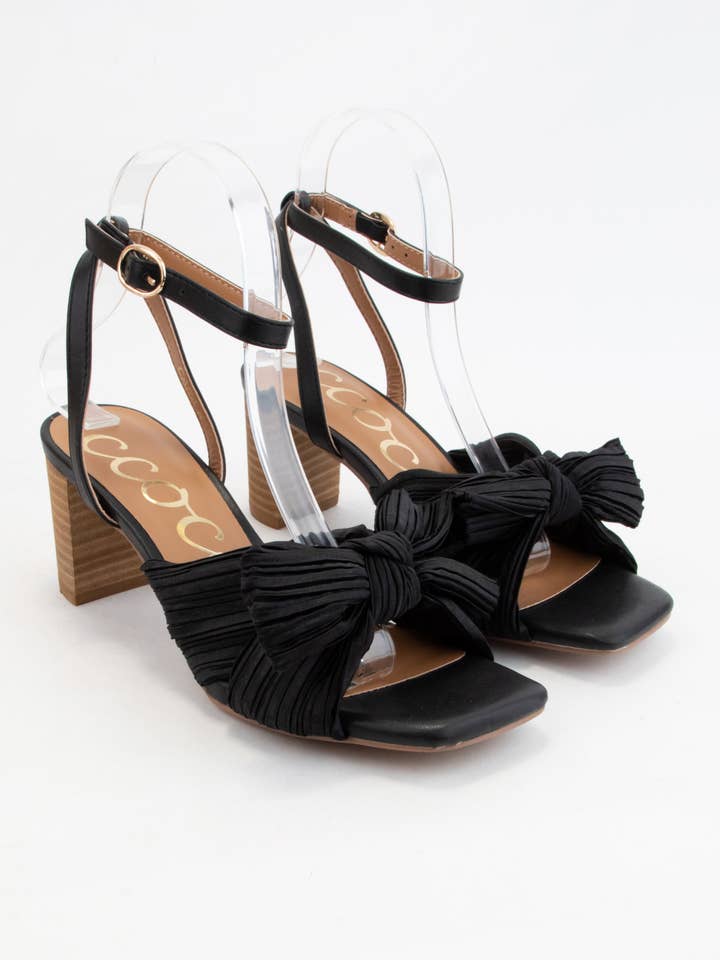 TAN CARA PLEATED BOW DECOR ANKLE STRAP SANDAL for wholesale on Faire