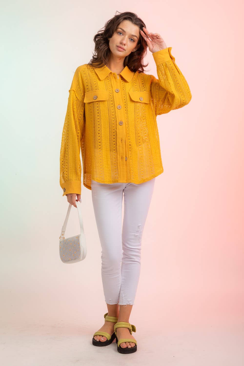 YELLOW NJ90118-Lace Crochet Button Down Sheer Shacket for wholesale on Faire8