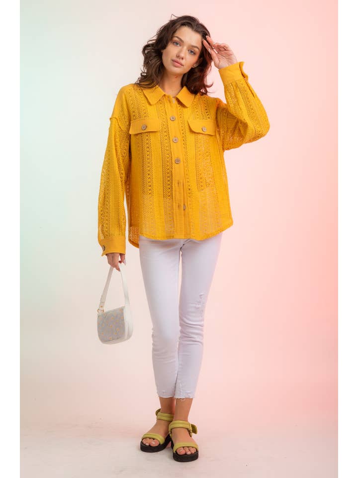 YELLOW NJ90118-Lace Crochet Button Down Sheer Shacket for wholesale on Faire8