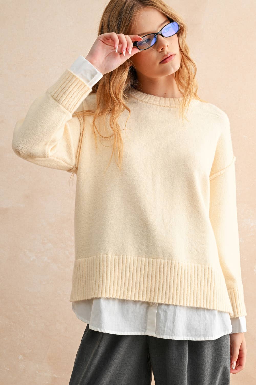 MIOU MUSE - Wholesale Knit Sweater - Women's - T4110 SHIRTS COMBO LONG SLEEVE SWEATER TOP