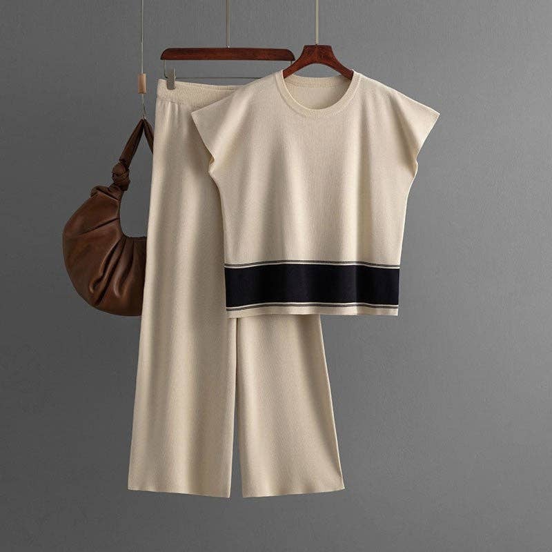 FurDecoration – wholesale Set med topp och byxa – Dam – Kortärmad stickad topp och långbyxor ensemble1