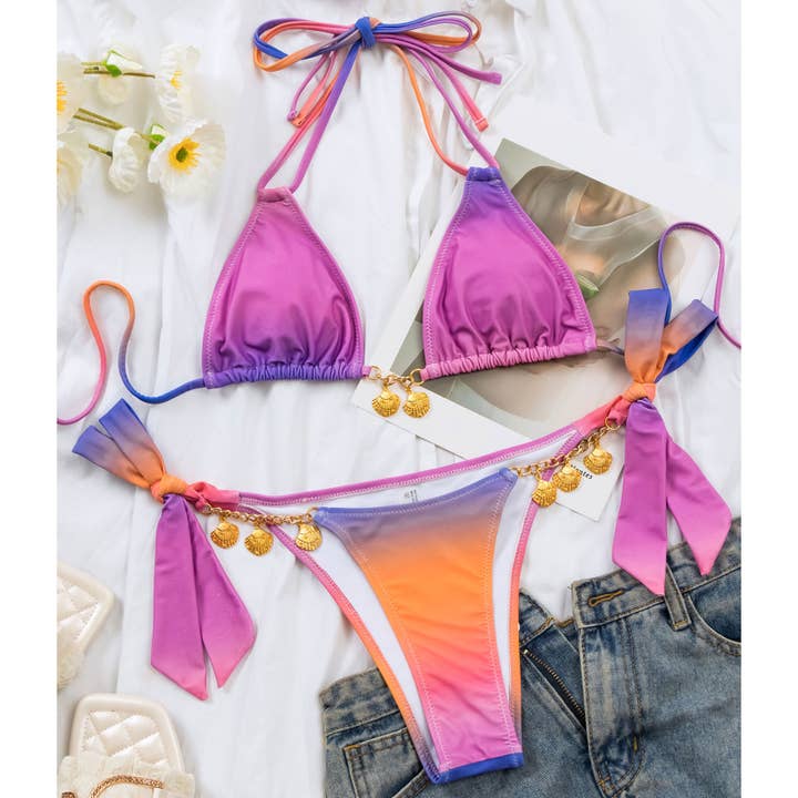 Pink Gradient Bikini Set - Sexy Shell Detail Swimsuit_CWMW0716 for wholesale on Faire2