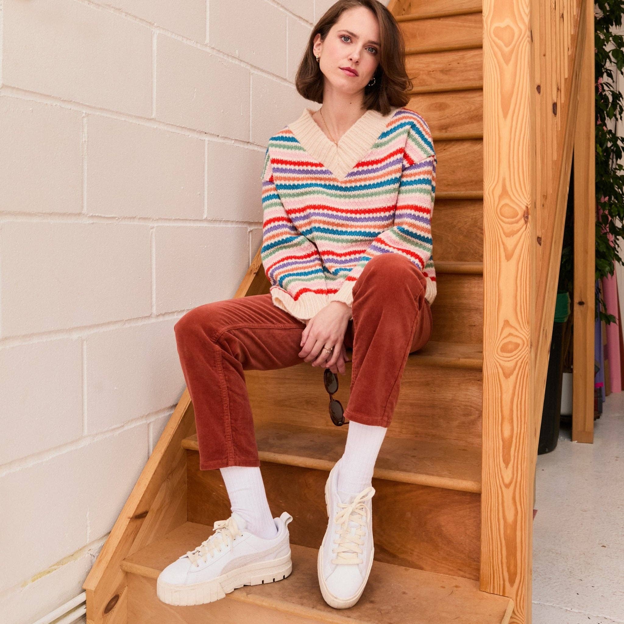 Cara & The Sky - Wholesale Knit Sweater - Women's - Jasmine Wide Sleeve V Neck Striped Jumper - Off White11