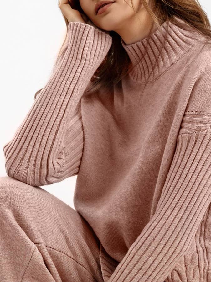 cozy rib knit turtleneck sweater wide leg pant 2 piece set for wholesale by HIDDENBRAND