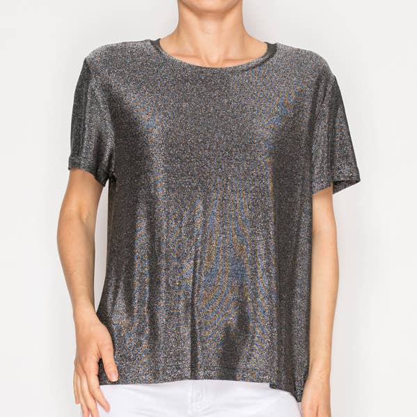 SUBTLY SPARKLY LUREX FABRIC SHORT SLEEVE TUNIC TOP4874BK-SIL for wholesale by Origami Apparel ~ Lace and Crochet inspired
