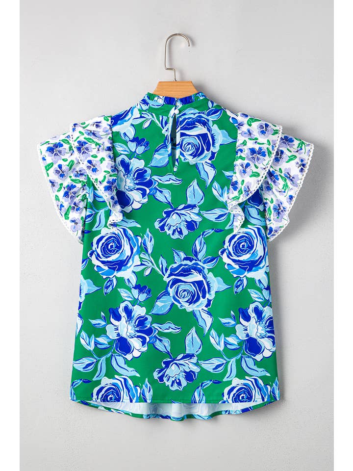 Green Floral Lace Trim Ruffle Sleeve Pleated Loose Blouse (S-XL) for wholesale on Faire