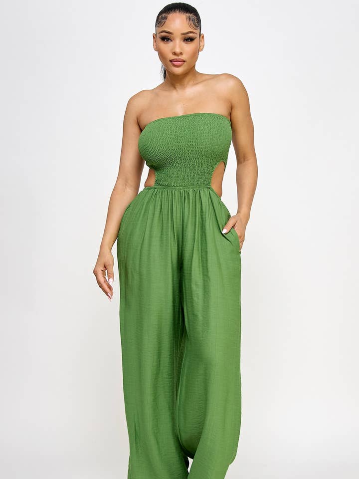Regular Sleeveless Smocked Side Cut Out Wide Leg Jumpsuit for wholesale by Namatt Design