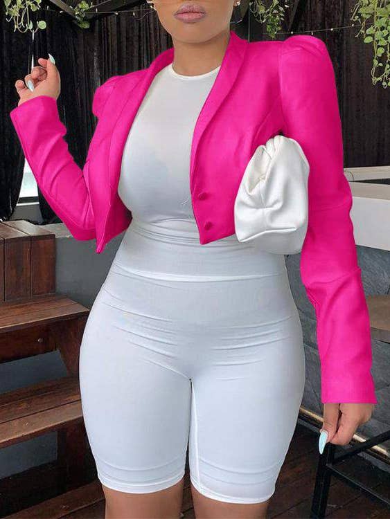 double button puff sleeve crop blazer coat for wholesale by Queen Fashion