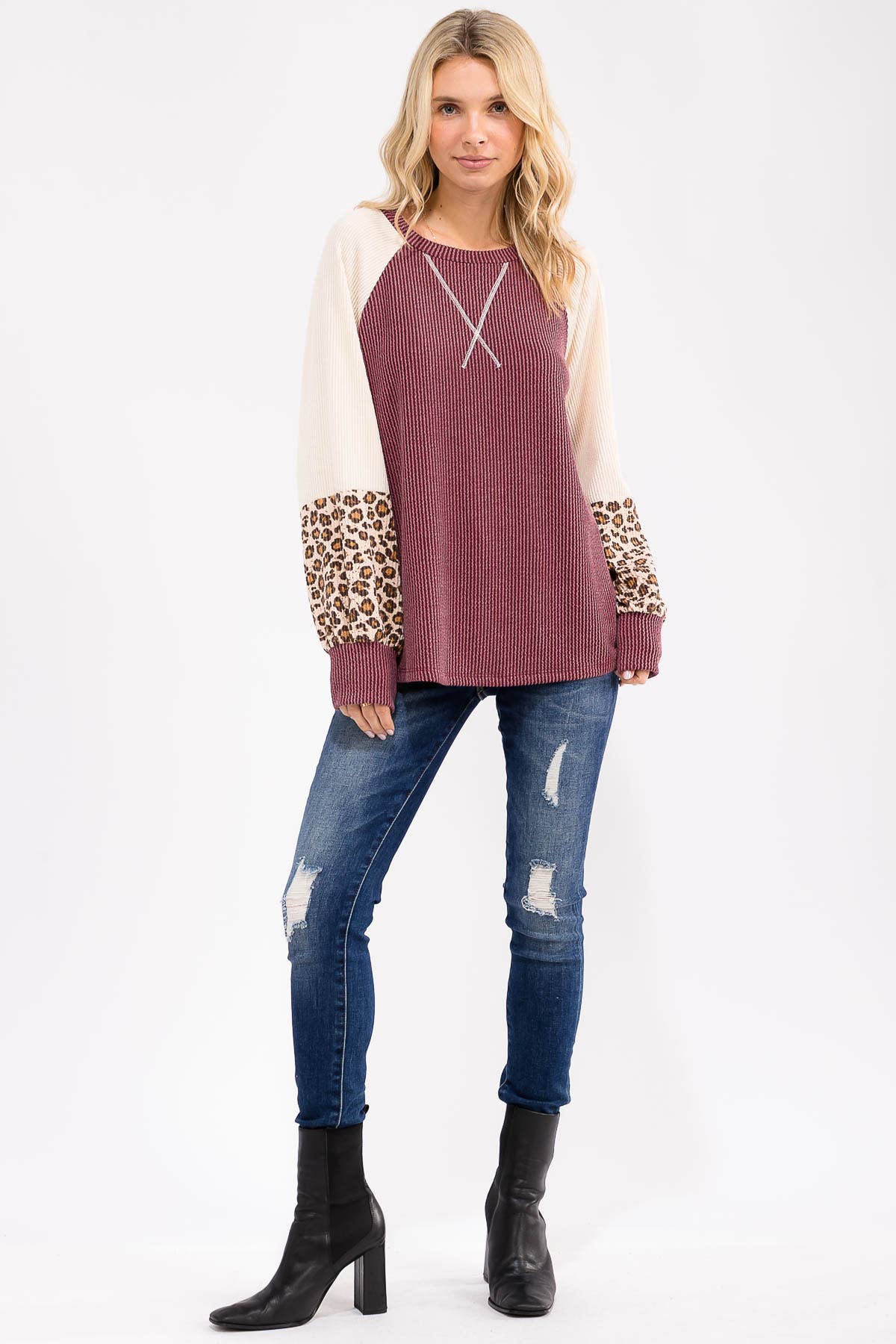 7th Ray – wholesale Knit top – Women's – Color Block Raglan Long Sleeve Pullover Top T61076