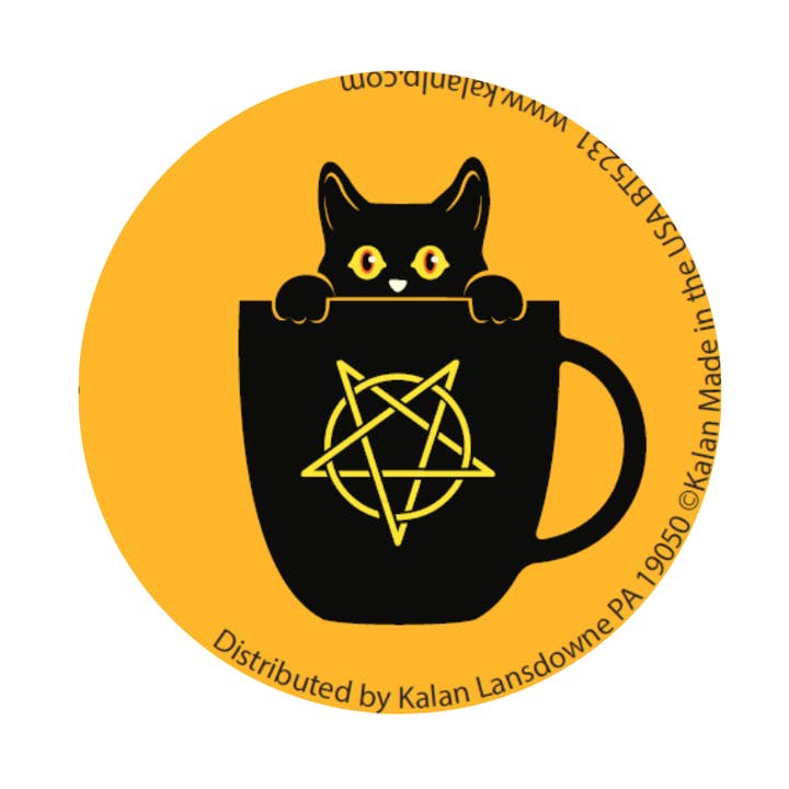 Black Cat in Pentagram Coffee Cup 1.25" Button for wholesale by Kalan