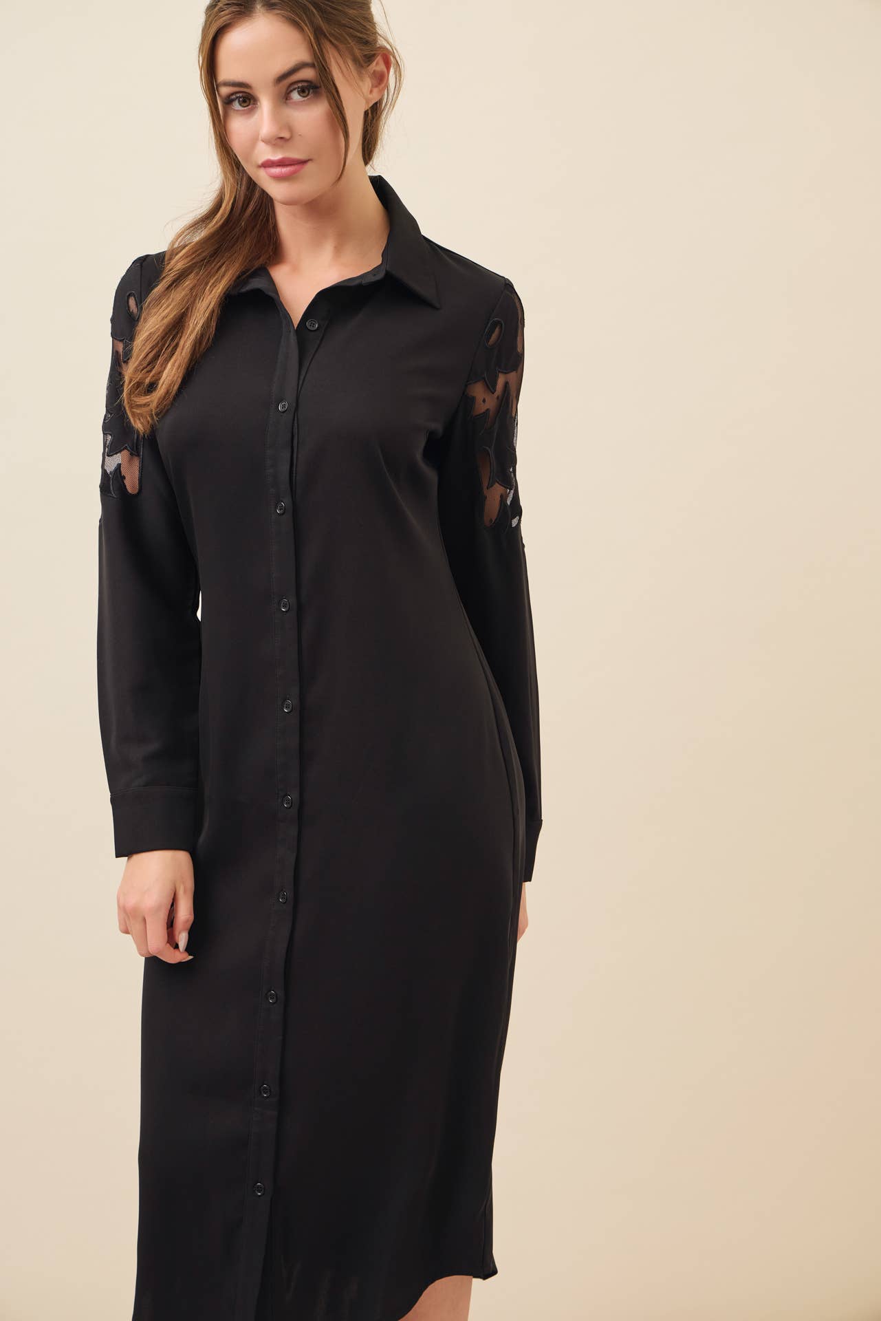 BLACK Possibilities Woven Shirt Dress With Mesh Cutout for wholesale on Faire7