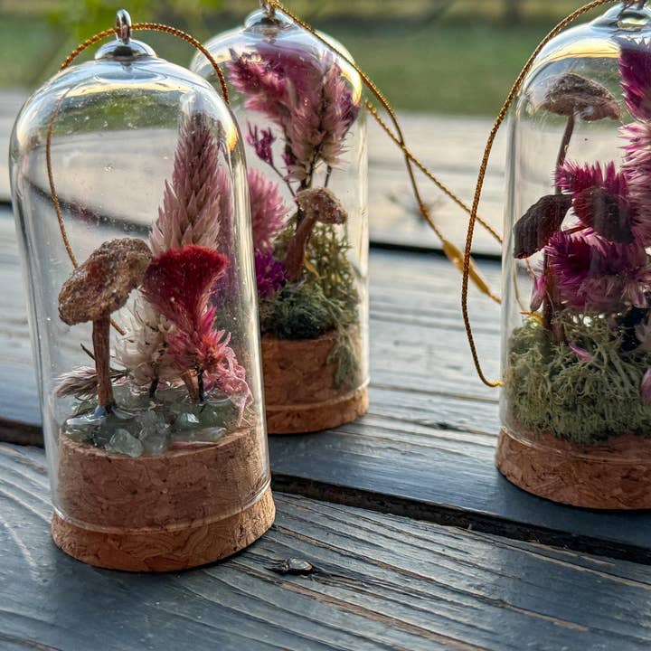 Remedy Designs - Wholesale Ornament - Mushroom terrarium, dried mushroom cloche, real flower decor, woodland christmas6