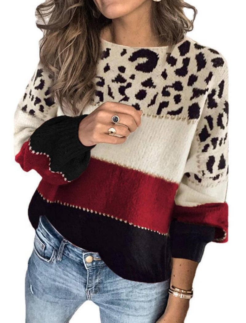 Masyal - Wholesale Knit Sweater - Women's - Leopard Print Colorblock Sweater with V-Neck4